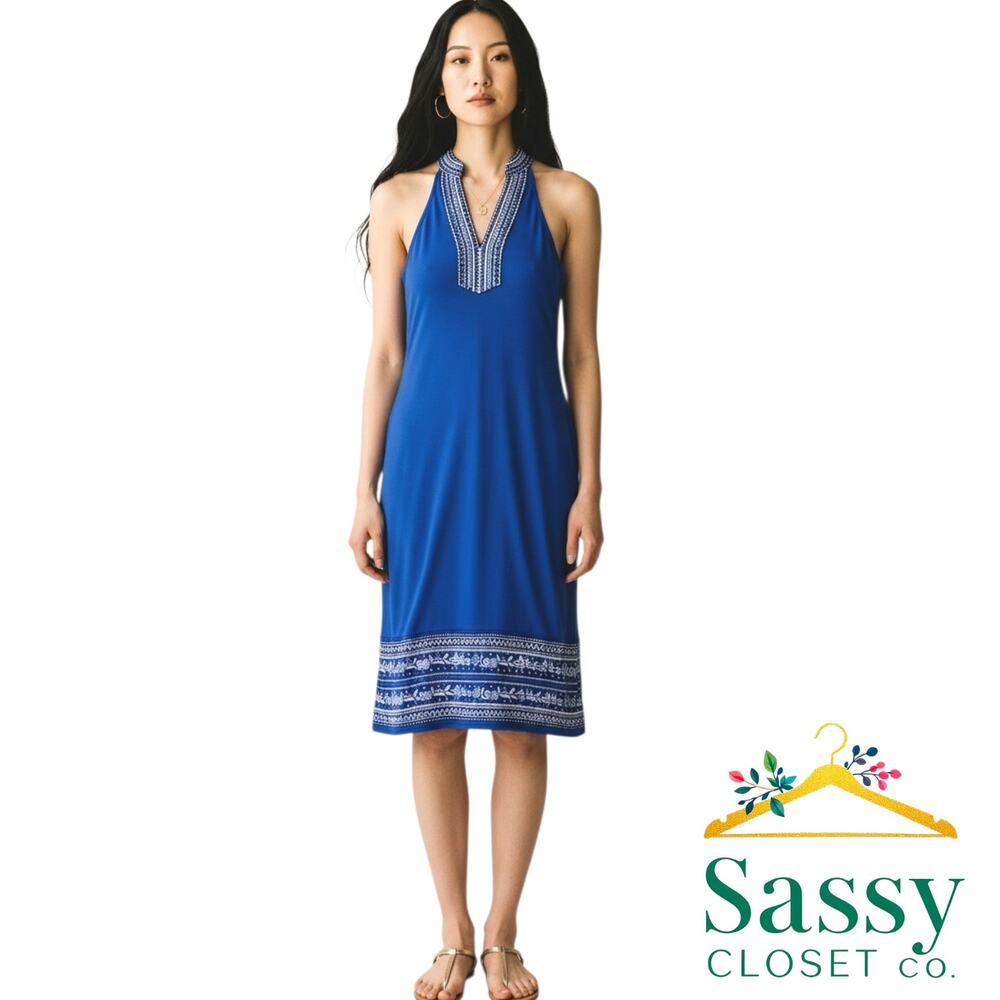 WHITE HOUSE BLACK MARKET Cobalt Blue Beaded Halter Dress SP Petite Resort EUC